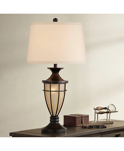 John Timberland Mission Table Lamp with Nightlight 33" Tall Champagne Glass Brushed Iron Cage Beige Fabric Shade for Living Room Family