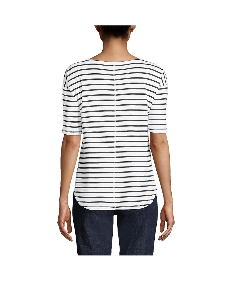Lands' End Women's Supima Micro Modal Elbow Sleeve Balletneck Curved Hem Stripe Top