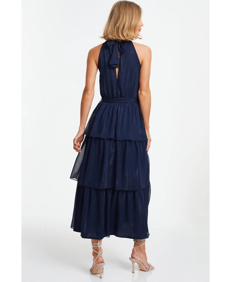 Quiz Women's Chiffon Metallic High Neck Tiered Midi Dress