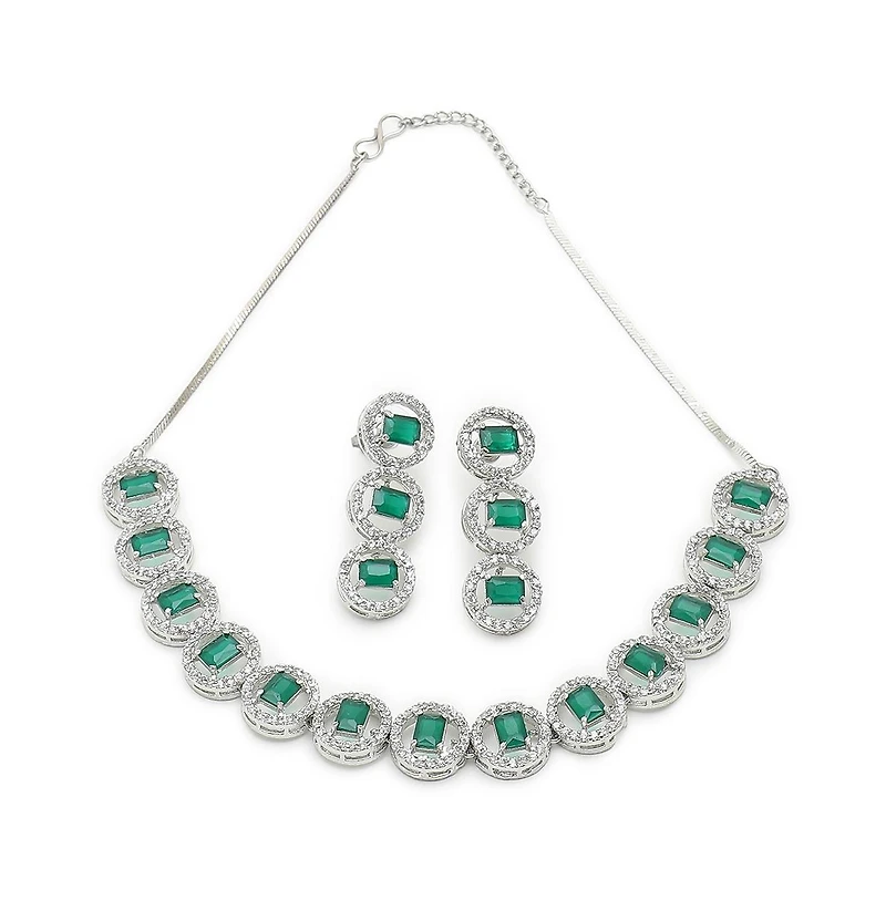 Sohi Women's Green Crystal Bling Necklace And Earrings (Set Of 2)