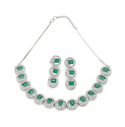 Sohi Women's Green Crystal Bling Necklace And Earrings (Set Of 2)