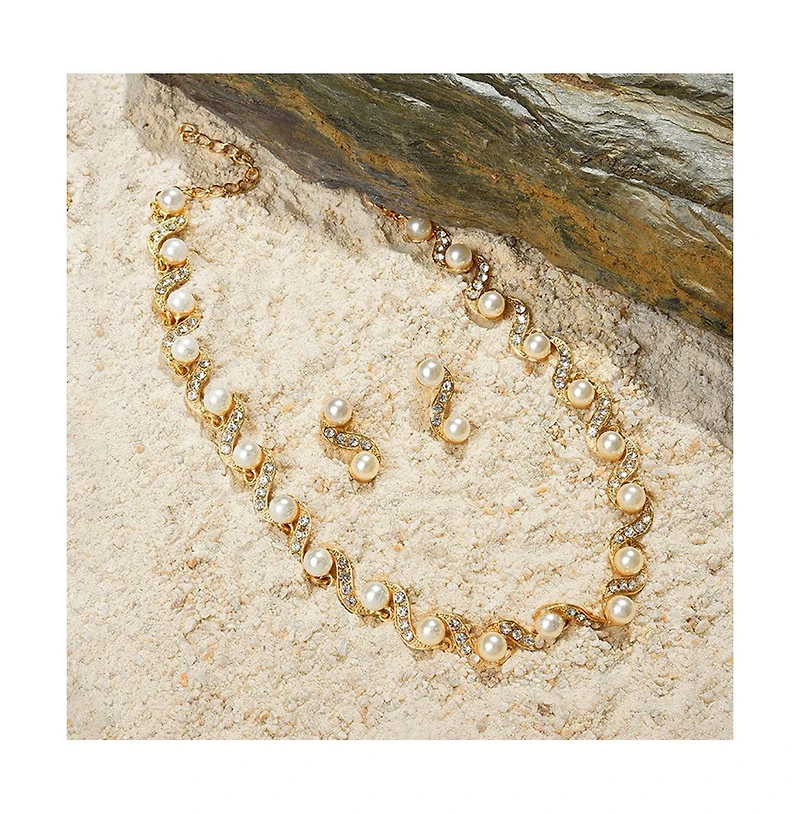 Sohi Women's Gold Pearl Swirl Necklace And Earrings (7-8 mm) (Set Of 2)