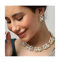 Sohi Women's White Pearl Cluster Necklace And Earrings (7-8 mm) (Set Of 2)