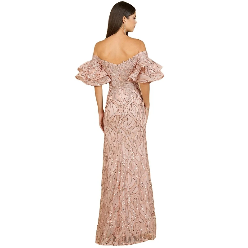 Lara Women's Off shoulder mermaid beaded gown with tiered sleeves