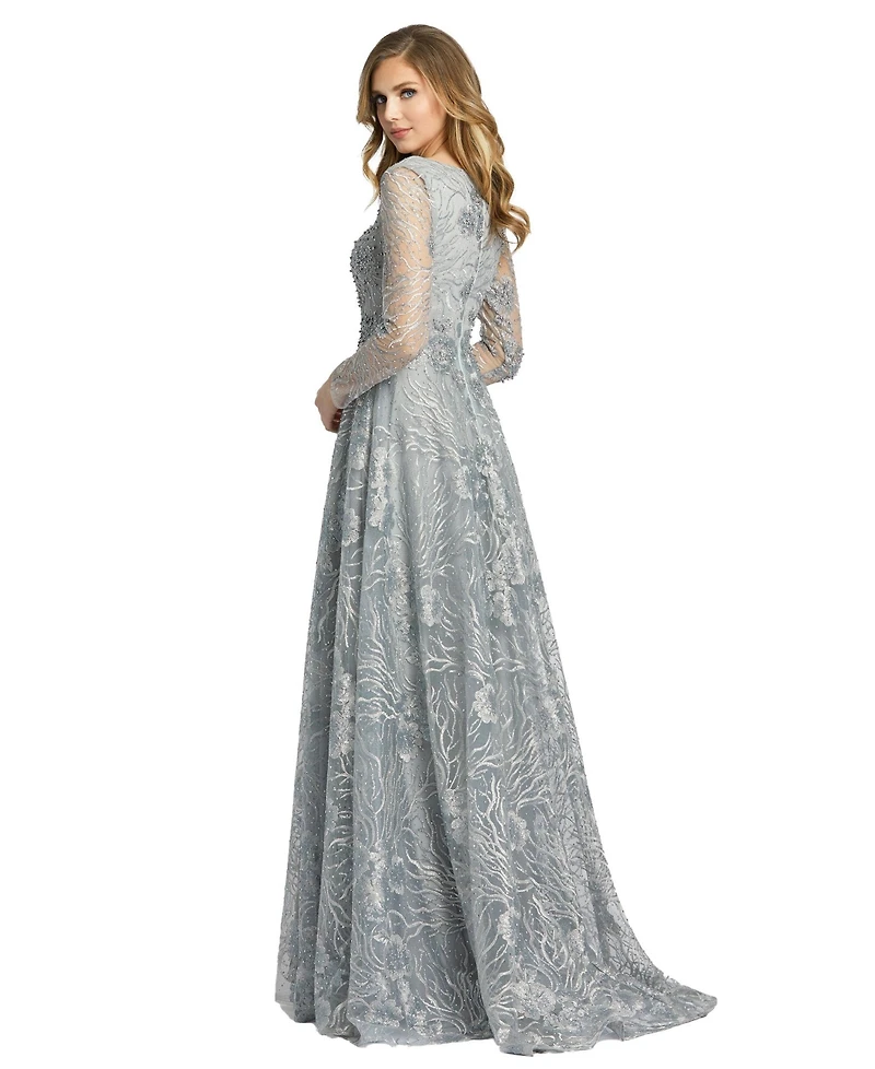 Women's Jewel Encrusted Long Sleeve Square Neck Gown