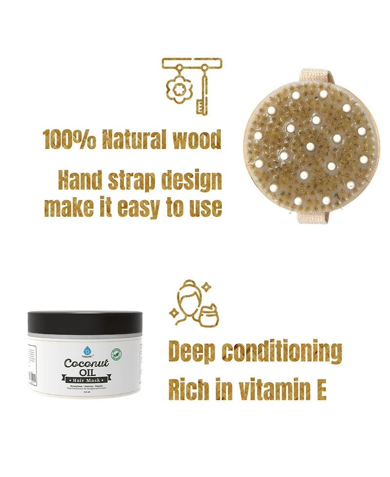 Pursonic Hair Care and Massage Bundle: Bath Brush and Rubber Massager with Lotus wooden handle + 100% Natural Coconut Oil Hair Mask 10 Oz