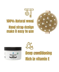 Pursonic Hair Care and Massage Bundle: Bath Brush and Rubber Massager with Lotus wooden handle + 100% Natural Coconut Oil Hair Mask 10 Oz