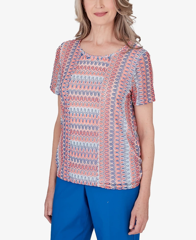 Alfred Dunner Petite Neptune Beach Textured Stripe Side Ruched Top