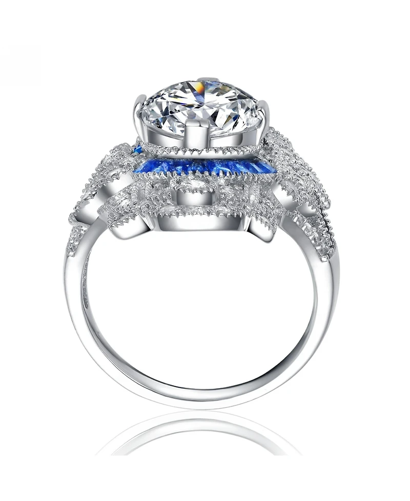 Sterling Silver White Gold Plated with Colorful Baguette Cubic Zirconia Cocktail Ring
