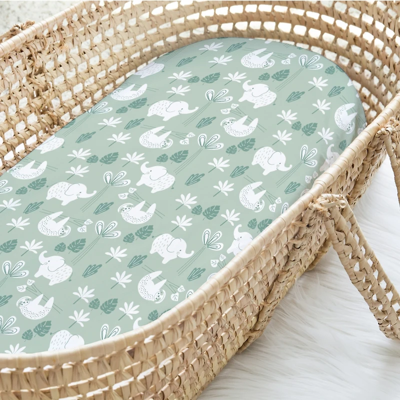 The Peanutshell Green Safari Bassinet Sheets for Newborn Baby Girl or Baby Boy, 4 Pack Set