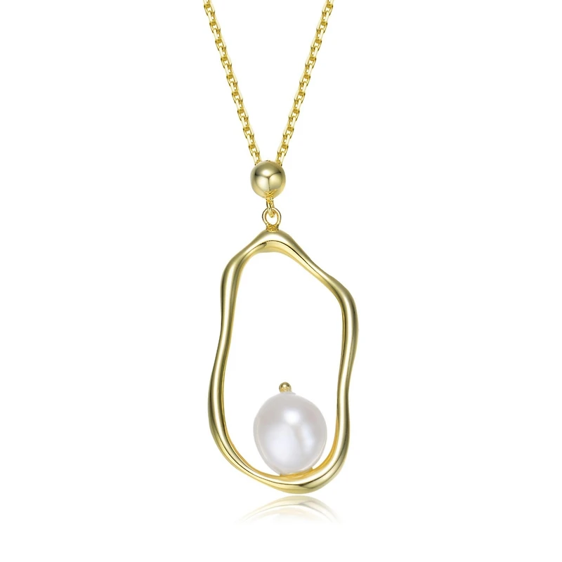 Elegant Sterling Silver with 14K Gold Plating and Genuine Freshwater Pearl Halo Necklace
