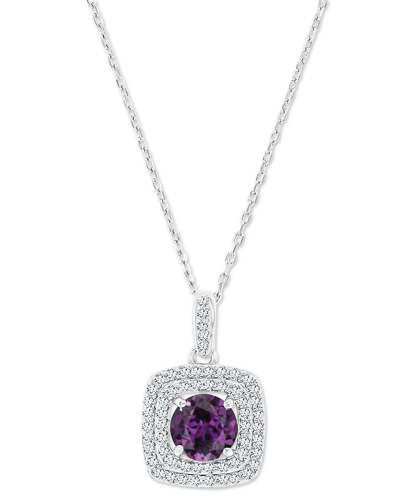 Amethyst (1-1/5 ct. t.w.) & Lab-Grown White Sapphire (1/3 Square Halo Birthstone Pendant Necklace Sterling Silver, 16" + 2" extender (Als