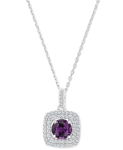 Amethyst (1-1/5 ct. t.w.) & Lab-Grown White Sapphire (1/3 Square Halo Birthstone Pendant Necklace Sterling Silver, 16" + 2" extender (Als