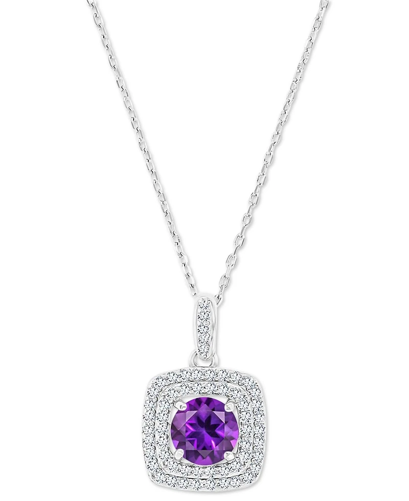 Amethyst (1-1/5 ct. t.w.) & Lab-Grown White Sapphire (1/3 Square Halo Birthstone Pendant Necklace Sterling Silver, 16" + 2" extender (Als