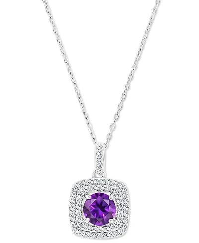 Amethyst (1-1/5 ct. t.w.) & Lab-Grown White Sapphire (1/3 Square Halo Birthstone Pendant Necklace Sterling Silver, 16" + 2" extender (Als