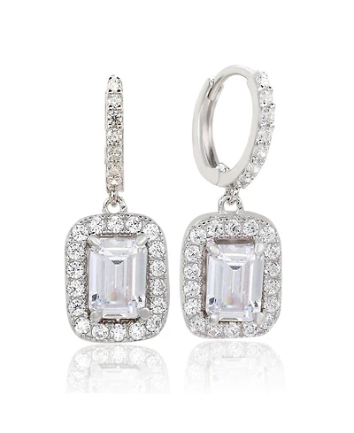 Suzy Levian Sterling Silver Cubic Zirconia Emerald-Cut Halo Dangle Earrings