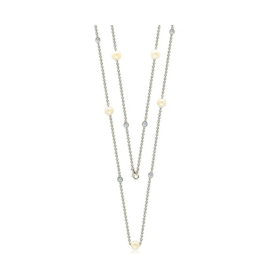 Suzy Levian New York Suzy Levian Sterling Silver Pearl and Cubic Zirconia Station Necklace