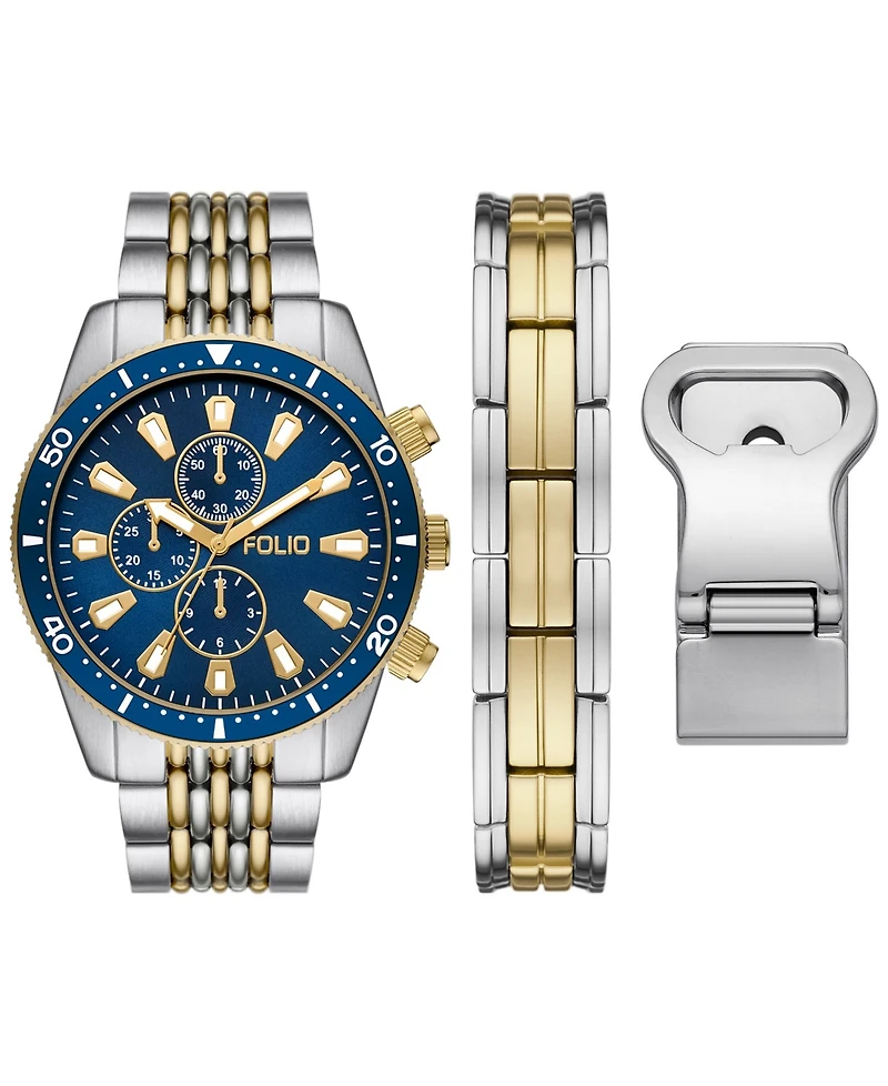 Folio Men's Three Hand 2T Silver-Tone, Gold-Tone Alloy Watch 42mm Gift Set