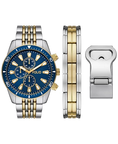 Folio Men's Three Hand 2T Silver-Tone, Gold-Tone Alloy Watch 42mm Gift Set