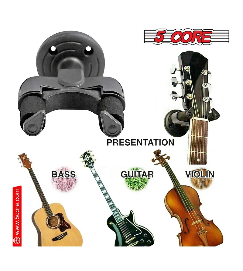 5 Core Guitar Wall Mount Hanger Black 2 Pack | Easy Lock and Adjustable