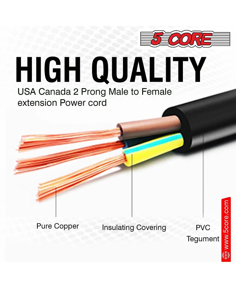 5 Core Ac Power Cord 10 Ft • 2 Prong Extension Adapter • 16AWG/2C 125V 13A • Us Polarized Male to Female Outlet Extension Cable B