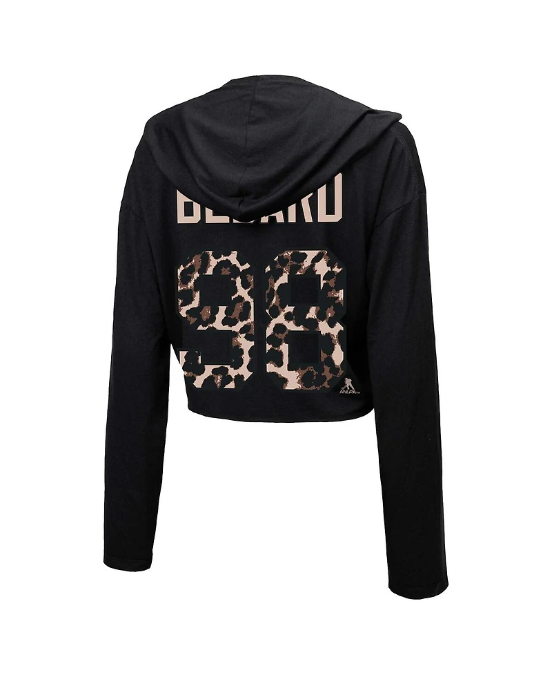 Women's Majestic Threads Connor Bedard Black Chicago Blackhawks Leopard Print Name and Number Cropped Pullover Hoodie