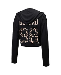 Women's Majestic Threads Connor Bedard Black Chicago Blackhawks Leopard Print Name and Number Cropped Pullover Hoodie