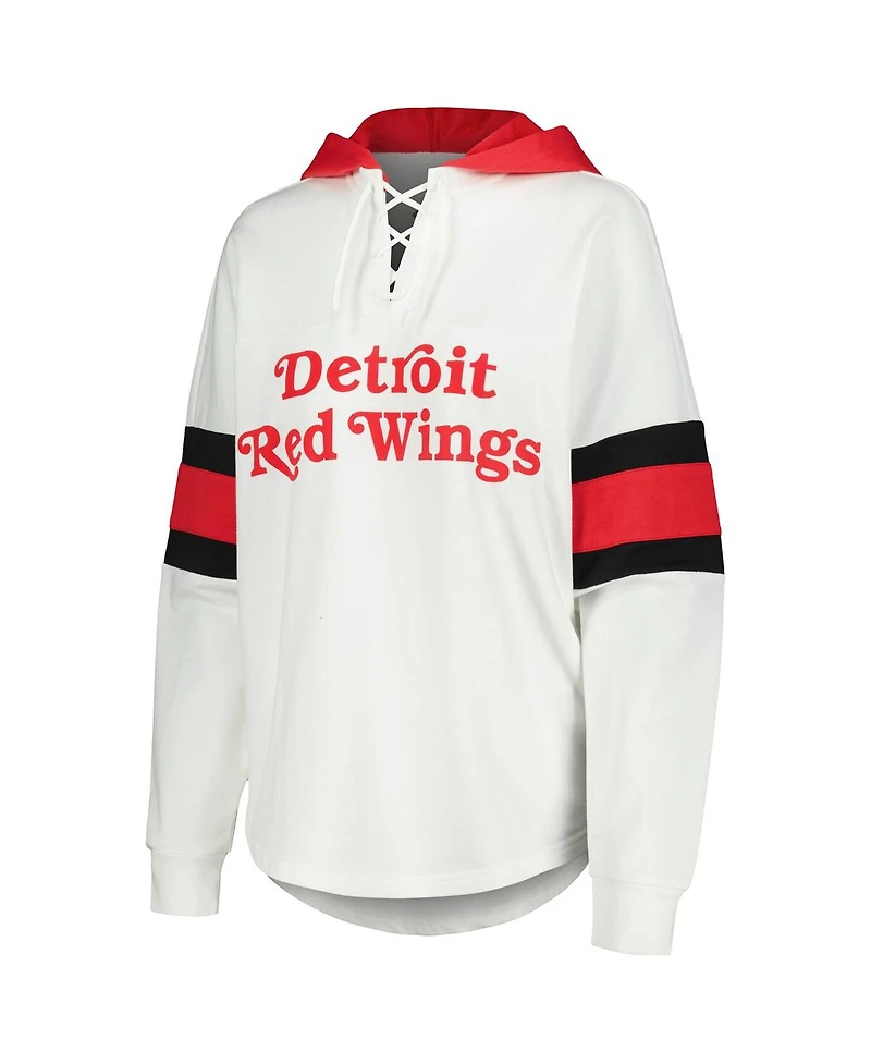 Women's G-iii 4Her by Carl Banks White, Red Detroit Wings Goal Zone Long Sleeve Lace-Up Hoodie T-shirt