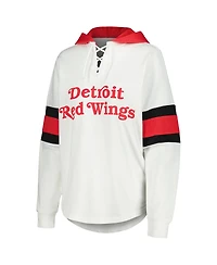 Women's G-iii 4Her by Carl Banks White, Red Detroit Wings Goal Zone Long Sleeve Lace-Up Hoodie T-shirt
