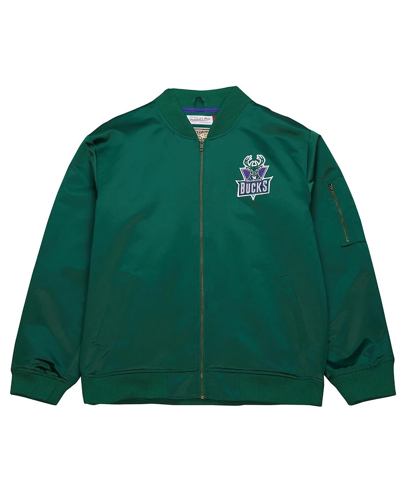 Men's Mitchell & Ness Green Distressed Milwaukee Bucks Hardwood Classics Vintage-Like Logo Full-Zip Bomber Jacket