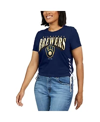 Women's Wear by Erin Andrews Navy Milwaukee Brewers Side Lace-Up Cropped T-shirt
