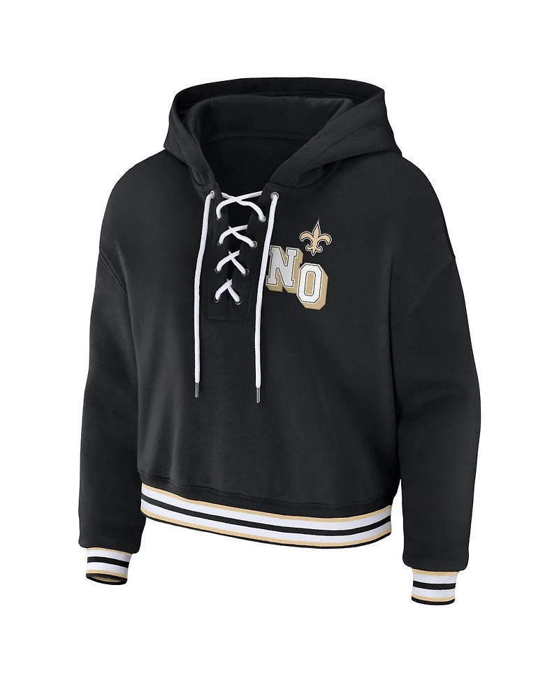 Women's Wear by Erin Andrews Black New Orleans Saints Lace-Up Pullover Hoodie