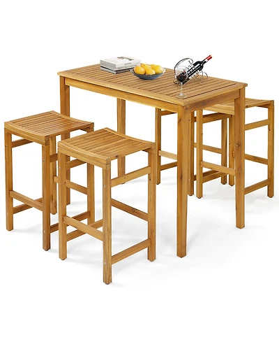 Costway 5 Pcs Acacia Wood Bar Table Set 45" Rectangular Dining Table & 4 Saddle Stools