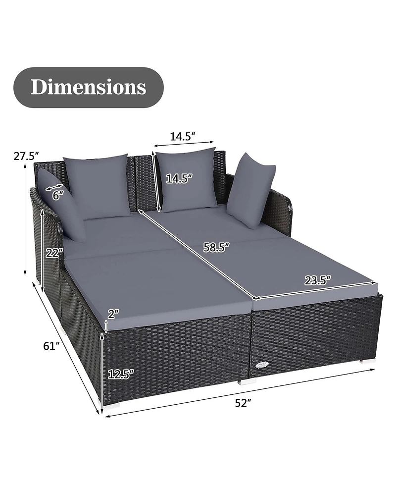 Outdoor Patio Rattan Daybed Pillows Cushioned Sofa Furniture