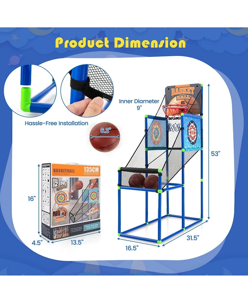 2-in-1 Kids Basketball Arcade & Sticky Balls Game w/Electronic Scoreboard Sound