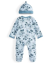 Disney Baby Mickey Mouse Hooray Footed Coverall & Hat, 2 Piece Set