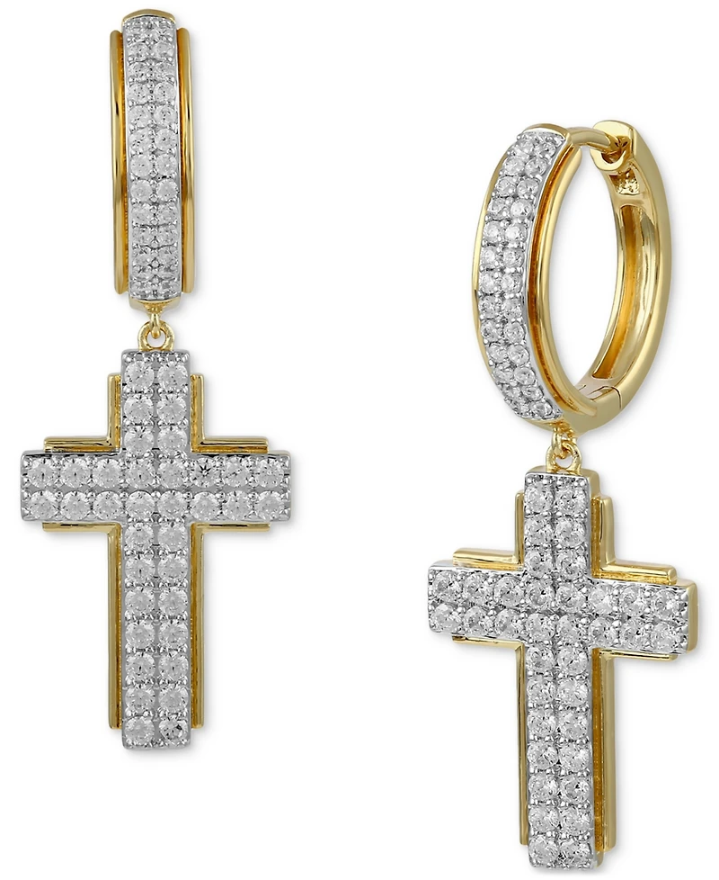 Men's Diamond Cluster Cross Dangle Hoop Earrings (1 ct. t.w.)