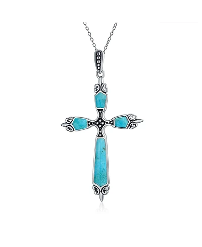 Bling Jewelry Western Style Spiritual Religious Blue Natural Turquoise Fleur De Lis Cross Pendant Necklace Oxidized Sterling Silver
