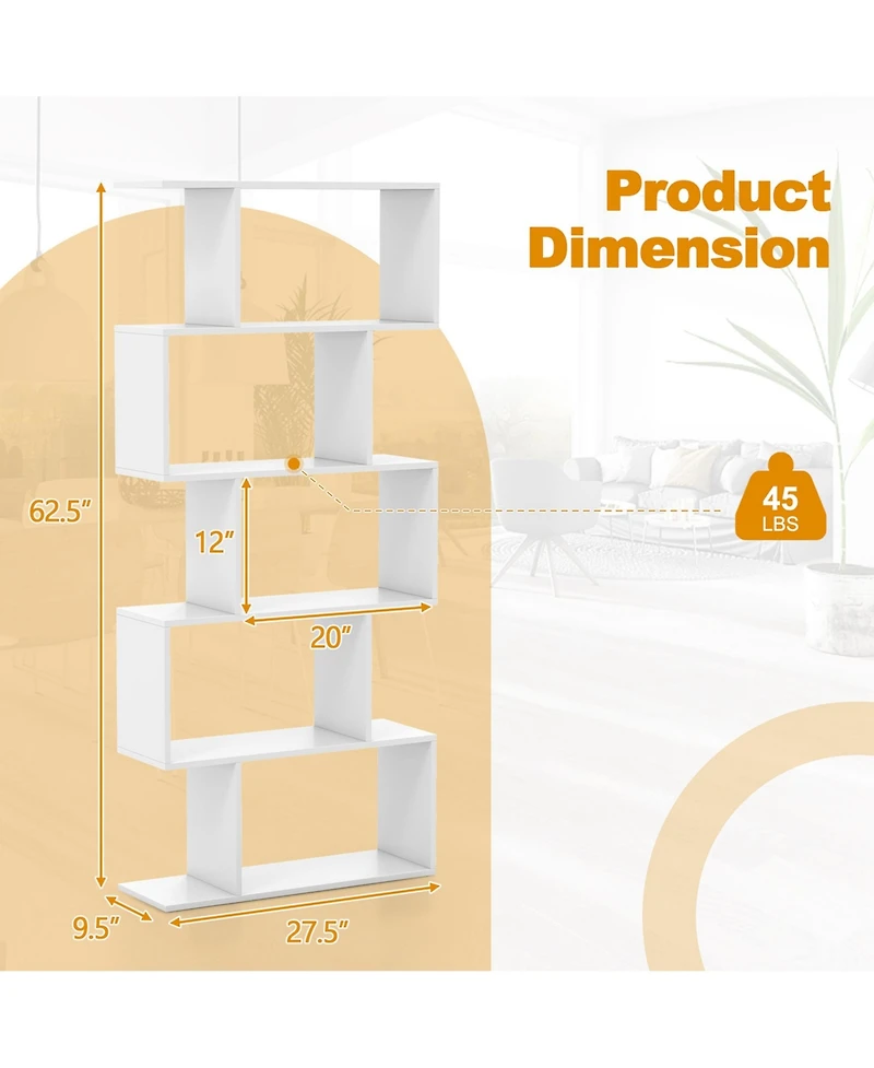 1 Pc 5-Tier Bookshelf Geometric S-Shaped Bookcase Room Divider Storage Display Shelf