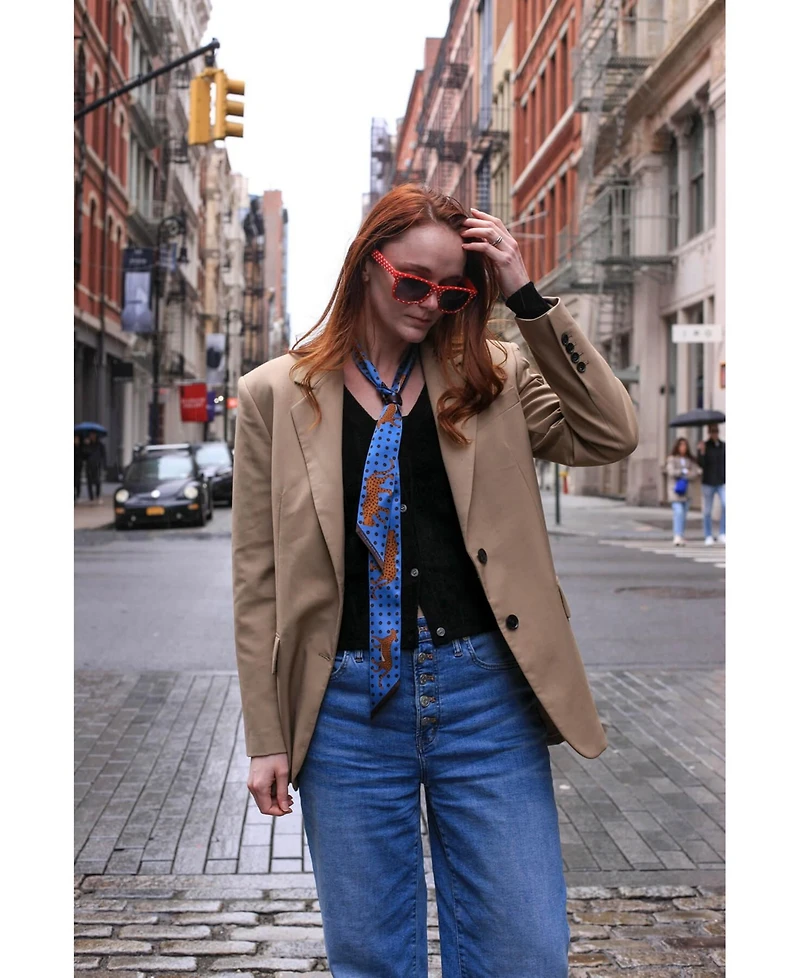 Jessie Zhao New York Silk Skinny Scarf Of Blue Leopards Garden