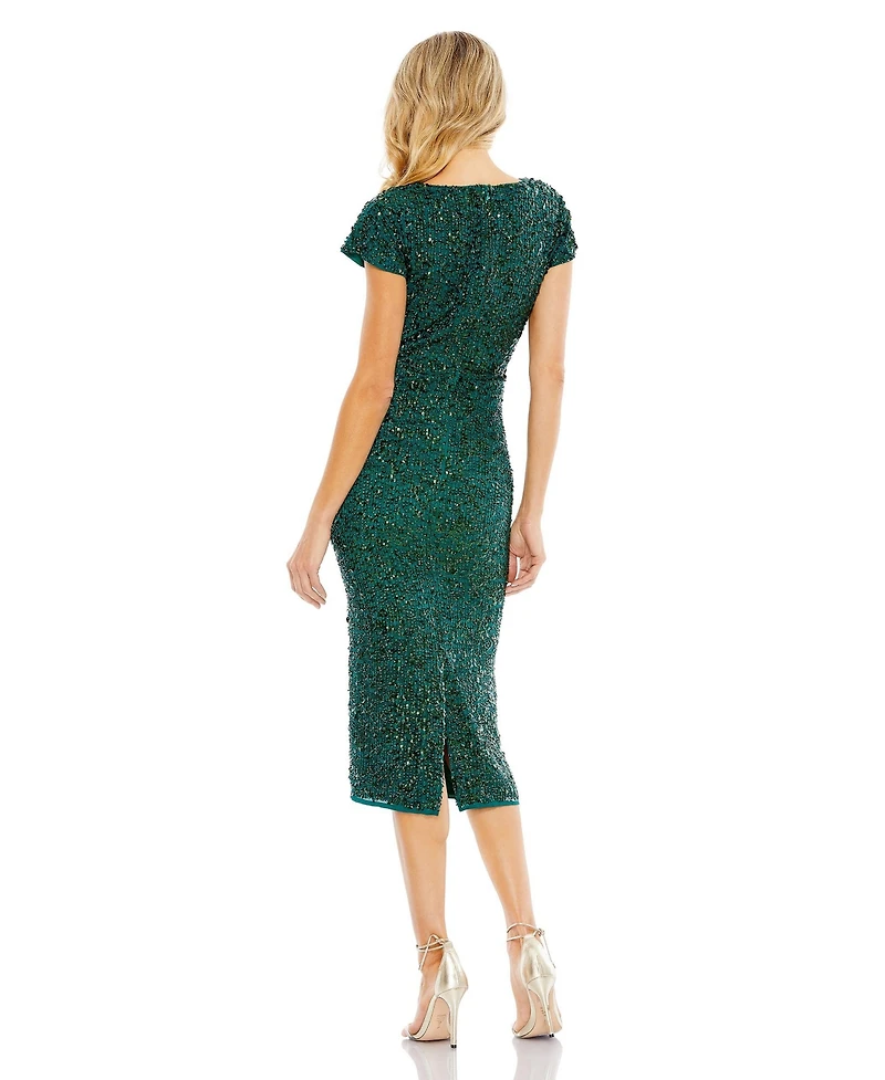 Mac Duggal Women's Sequined Short Sleeve Wrap Over Cocktail Dress
