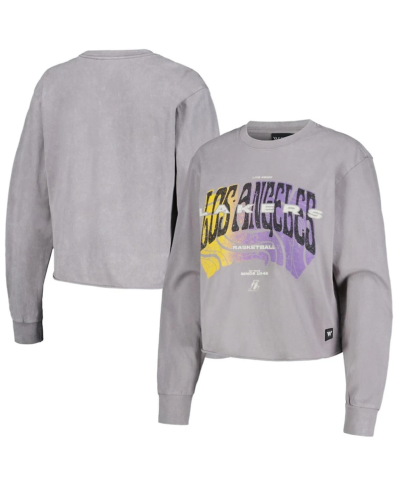 Women's The Wild Collective Gray Distressed Los Angeles Lakers Band Cropped Long Sleeve T-shirt