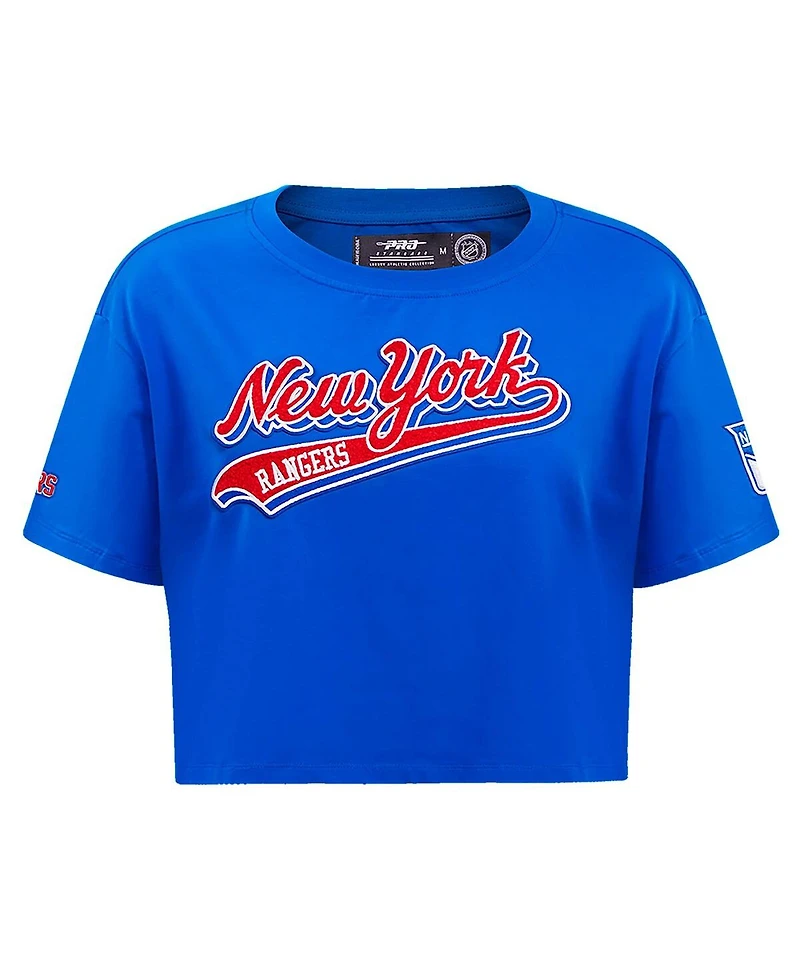 Women's Pro Standard Blue New York Rangers Boxy Script Tail Cropped T-shirt