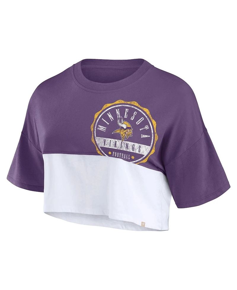 Women's Fanatics Purple, White Minnesota Vikings Boxy Color Split Cropped T-shirt