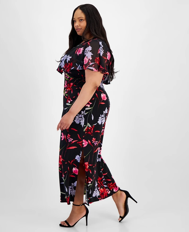 Connected Plus V-Neck Floral Cape Maxi Dress