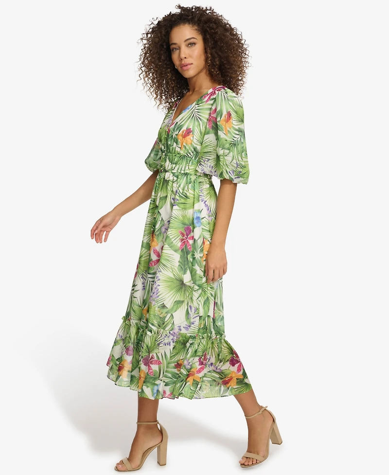 kensie Women's Floral-Print Balloon-Sleeve Maxi Dress