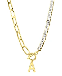 Adornia 14K Gold-Plated Half Crystal and Paperclip Initial Toggle Necklace