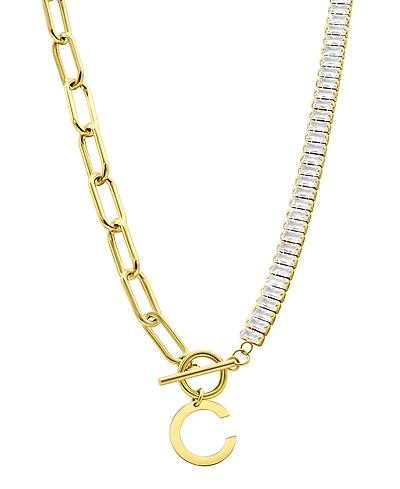Adornia 14K Gold-Plated Half Crystal and Half Paperclip Initial Toggle Necklace
