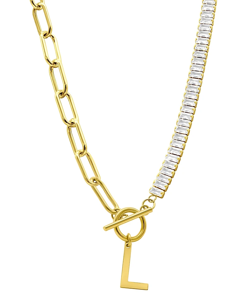 Adornia 14K Gold-Plated Half Crystal and Paperclip Initial Toggle Necklace