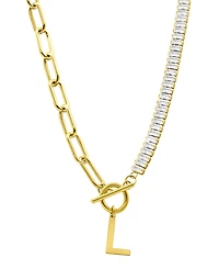 Adornia 14K Gold-Plated Half Crystal and Paperclip Initial Toggle Necklace